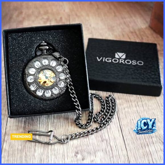 Mechanical Hand Wind Pocket Watch with Chain, Skeleton Floral Design main image 5